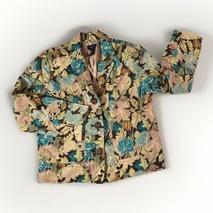 RQT Linen Tropical Floral Blazer Womens 12 Tan Blue Teal Green Resort Beachy